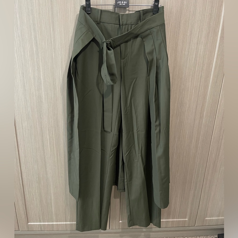 ZARA Olive Green Wide-Leg Pants with Removable Pleated Tie Overlay – Size S